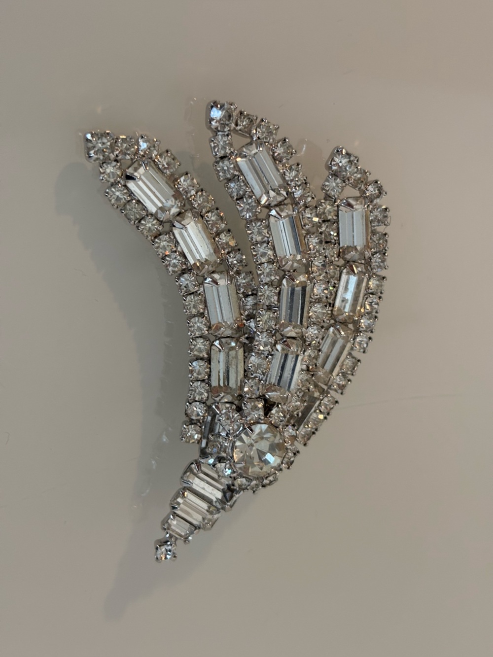 Vintage Clear Rhinestone Baguette Spray Brooch Silver Tone